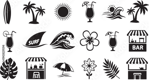 Set of 20 tropical icons vector, black and white