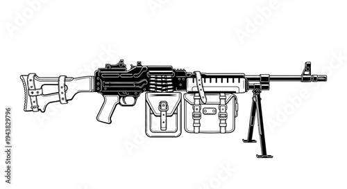 Vintage Military Machine Gun with Bipod and Ammo Pouches, Black and White Illustration