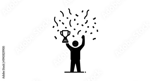 Winner holding trophy with confetti, celebrating success, achievement, and victory