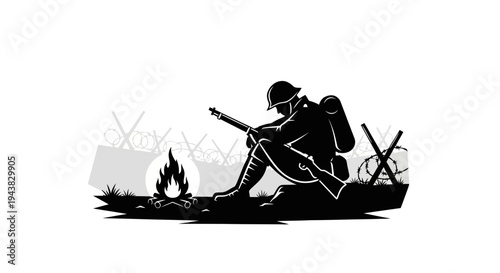 WWI Soldier Silhouette by Campfire, Trench Warfare Scene, Soldier with Rifle, Barbed Wire