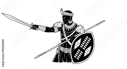 Zulu Warrior with Spear, Sword, and Shield, Historical African Warrior Illustration