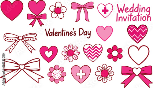 Cute pink hearts, ribbon and flower vector for birthday, wedding invitation and valentine day and girly designs vector illustration