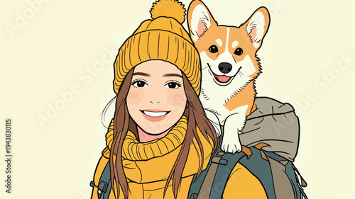 A woman smiles with a corgi on her backpack. She wears a yellow winter hat and jacket while outside, enjoying nature.
