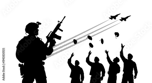 Soldier with Rifle and Jets Dropping Bombs on Silhouetted Crowd