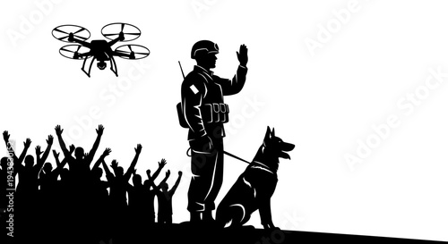 Soldier, K9 Unit, Drone, Crowd Surveillance, Security, Military Technology, Public Order