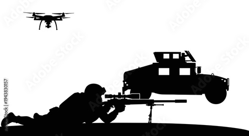 Soldier with sniper rifle and drone near military vehicle, silhouette