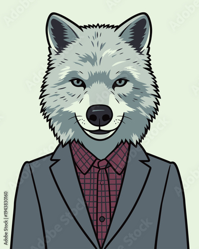 A wolf with a sharp look wears a suit and shirt, standing indoors. It gives an impression of authority and style.