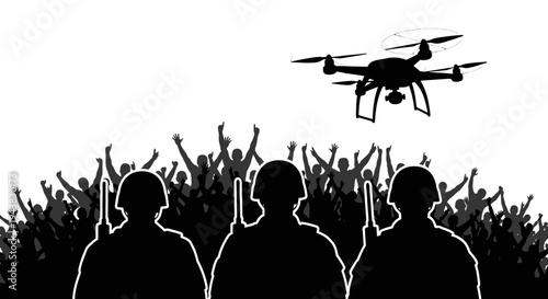 Soldiers and Drone Over Crowd