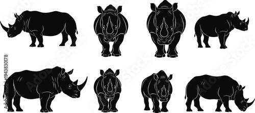 Black Rhinoceros Silhouette Vector Set, African Rhino Standing and Front View Icons, Wild Safari Animal Illustrations Isolated on White Background,
