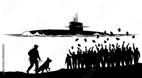 Submarine and Military Dog Handler with Crowd