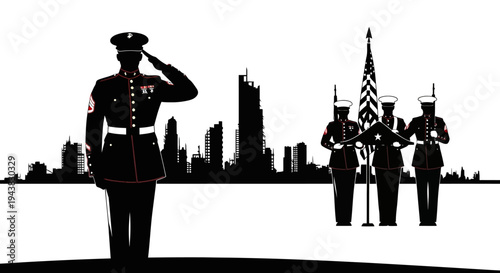 US Marine Saluting with Flag and City Skyline Silhouette