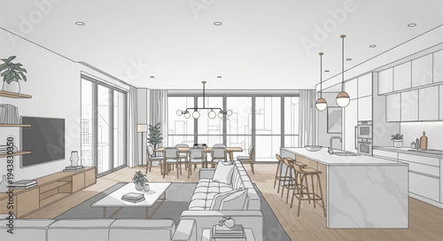 Modern Open-Plan Living Room with Large Windows.