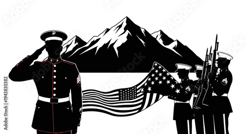 US Marines Salute American Flag with Mountains Background