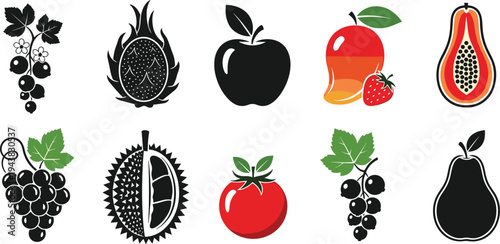 Collection of Fruit Icons Featuring Black Silhouettes and Colorful Vector Illustrations of Apple Mango Durian Papaya Pear Grapes and Dragonfruit