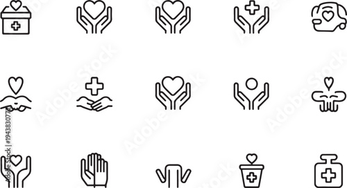Set of 15 charity and humanitarian aid vector icons in linear style for web design