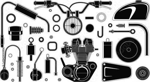 Motorcycle parts silhouettes collection, bike engine exhaust handlebar fuel tank mechanical components vector illustration isolated set