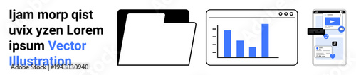 Data analysis, digital organization, mobile app design, communication tools, creative resources, tech navigation. Folder icon, bar graph on browser mobile app UI. Data analysis and digital