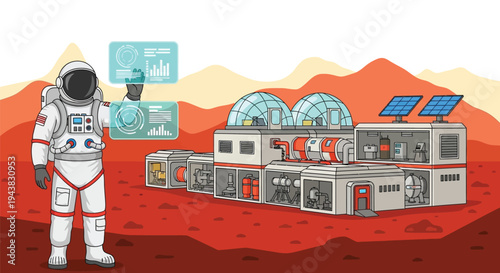 Astronaut interacting with holographic displays at a mars base settlement