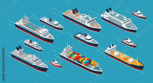 Isometric illustration of various commercial ships and ocean vessels