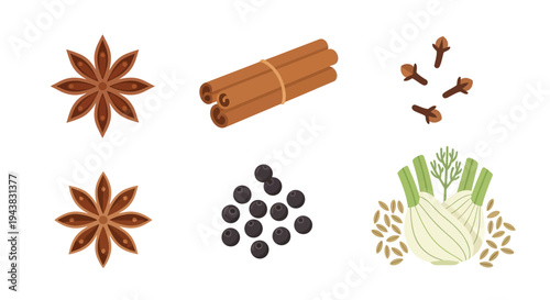 A collection of various spices and herbs arranged on a white background