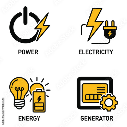 Vector art of four yellow and black icons for power, electricity, energy, and generator