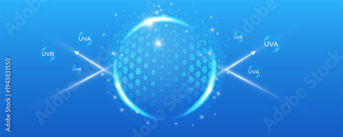 Glowing UV shield sphere protecting skin from sun light. Transparent dome barrier with soft background effect. Abstract protection concept. Vector.