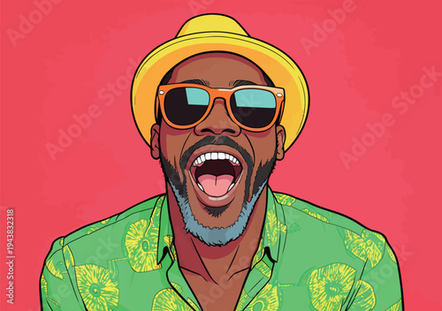 A man is smiling widely while wearing sunglasses and a yellow hat in front of a pink background. He shows excitement and happiness.