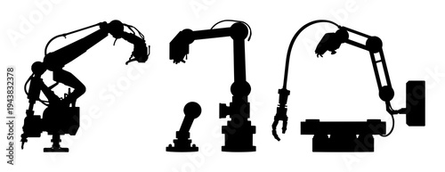 Industrial collaborative robot set with solid black silhouette featuring modern manufacturing, clean edges, robotic arm with automation and technology background