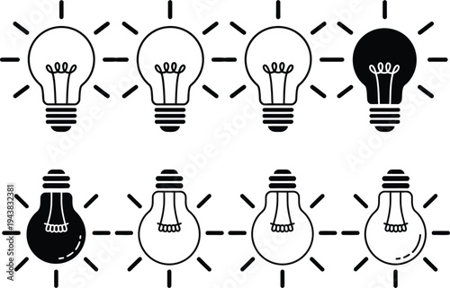 Illustrated Light Bulbs Showing Various States of Brightness and Darkness isolated on transparent background, Vector