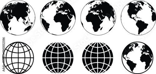 Varied depictions of world maps and globes in black and white illustration style isolated on transparent background, Vector