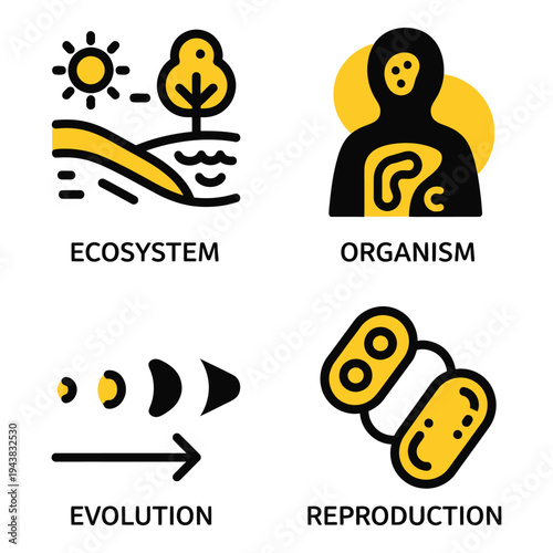 Vector art of four biological icons in yellow and black representing ecosystem, organism, evolution, and reproduction