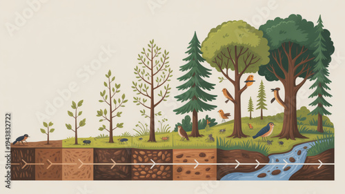 Ecological layers forest ecosystem with trees stream soil sections and wildlife illustrating environmental growth and biodiversity
