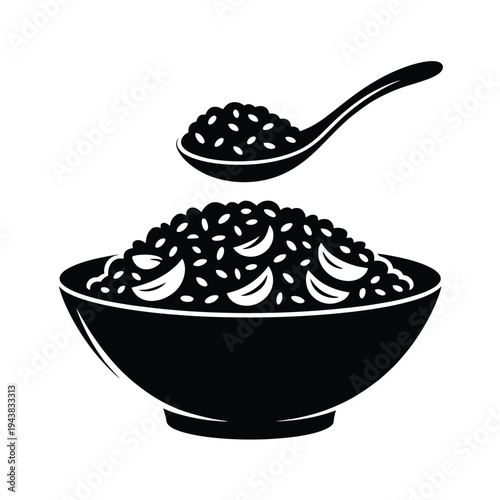 Black and white illustration of rice in a bowl with a spoon