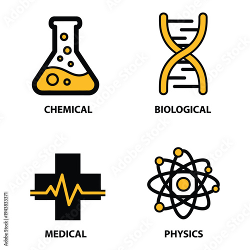 Vector art of collection of four science icons chemical flask, dna helix, medical cross with heartbeat, and atom model