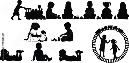 Black silhouette collection of children playing with toys, dolls, and trains isolated on white background, nursery vector icons for kids play