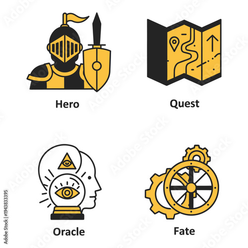 Vector art of set of four fantasy game icons hero, quest map, oracle, and fate gears