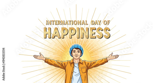 Vector illustration of a cheerful young woman celebrating International Day of Happiness with outstretched arms and a joyful expression against a radiant yellow background with sunburst