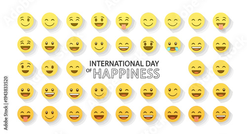 Vector illustration of various emojis on a white background celebrating International Day of Happiness with joyful and positive emojis.