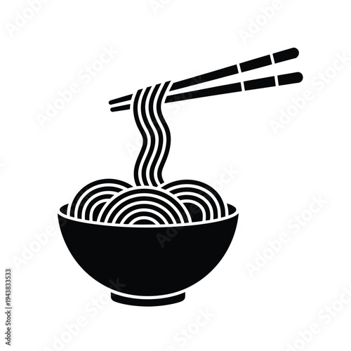 Simple black and white illustration of noodles in a bowl with chopsticks