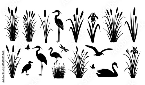 Minimal Wetland Silhouette Collection with Swamp Plants Birds and Insects Vector