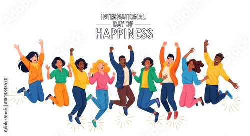 Diverse group of people jumping in joy celebrating International Day of Happiness with colorful illustrations and a lively atmosphere on a white background.