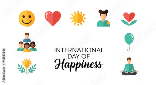 Flat design illustration of people celebrating International Day of Happiness with joyful icons and vibrant colors on a clean background.