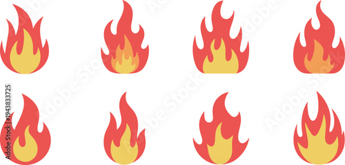 Red hot fire flame vector icon set for energy resource, industrial heating, and outdoor camping bonfire