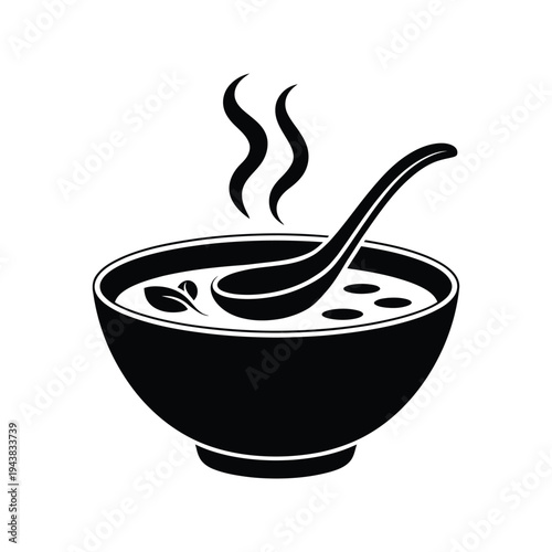 Black and white illustration of a bowl of hot soup with steam