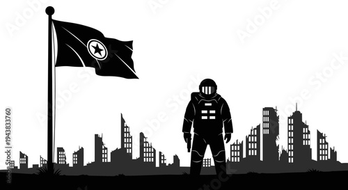 Astronaut Standing in Ruined City Under Flag