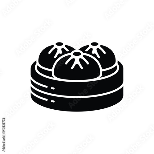 Black and white illustration of a stack of steamed dim sum buns