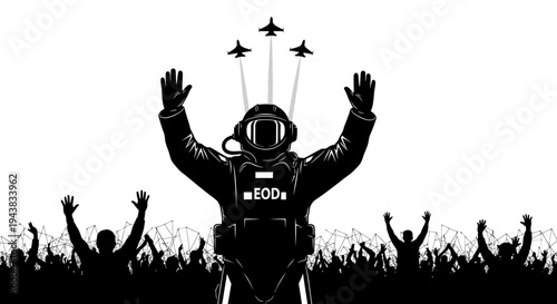 EOD Hero in Hazmat Suit, Fighter Jets Fly Overhead, Crowd Cheers