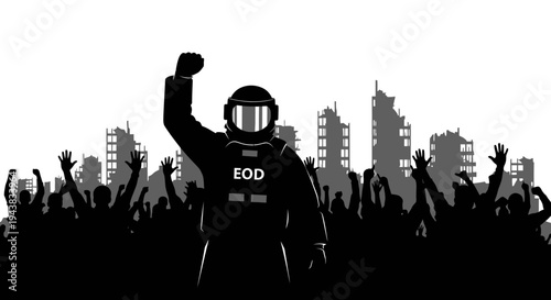 EOD hero celebrates victory over destroyed city with cheering crowd