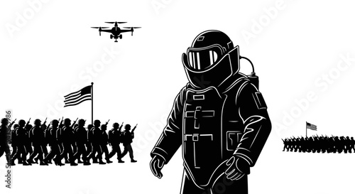 EOD soldier in protective suit, military parade, drone, American flags, black and white