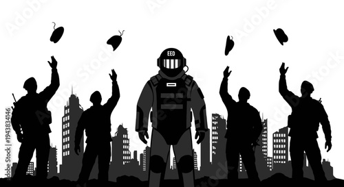 Futuristic Soldier in Riot Gear with Crowd Throwing Objects in City Silhouette